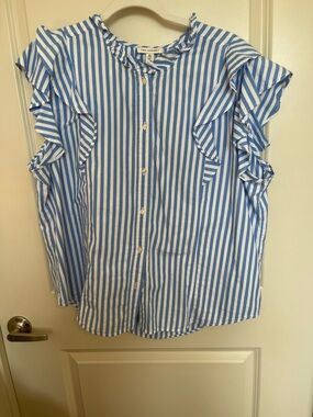 Blue & White Striped Ruffle Sleeve Blouse